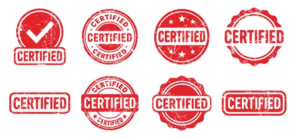 Onaylı kırmızı daire grunge pul şablonu. Onaylı lastik mühür mührü. Vektör çizimi. Beyaz arkaplanda izole.