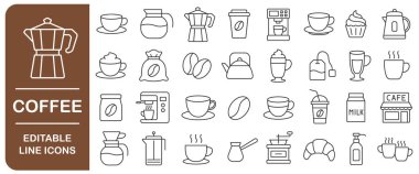 Kahve kültürü düzenlenebilir çizgi simgesi seti. Kahve içiyorum. Bira ve içecek lineer simgeleri. Bardak, Kahve Makinesi, Fasulye, Paket, Öğütücü, Kafe. Düzenlenebilir inme hattı. Vektör çizimi. İzole edilmiş 