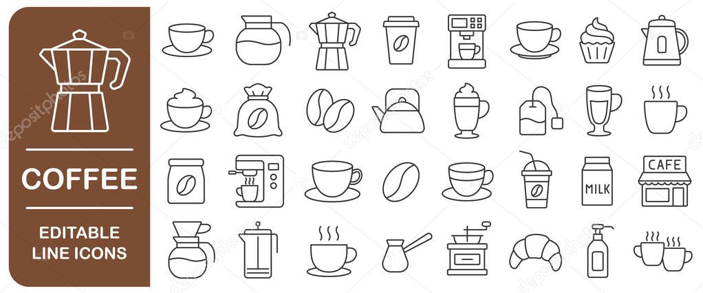 Coffee Culture editable line icon set. Enjoying Coffee. Brew and Drinking linear icons. Cup, Coffee Machine, Beans, Packaging, Grinder, Cafe. Line with editable stroke. Vector illustration. Isolated