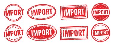 Kırmızı Grunge IMPORT kauçuk damgası seti. Küresel ticaret, sınır ötesi ticaret, gümrük vergileri, gümrük vergileri. Vektör çizimi. Beyaz arkaplanda izole.