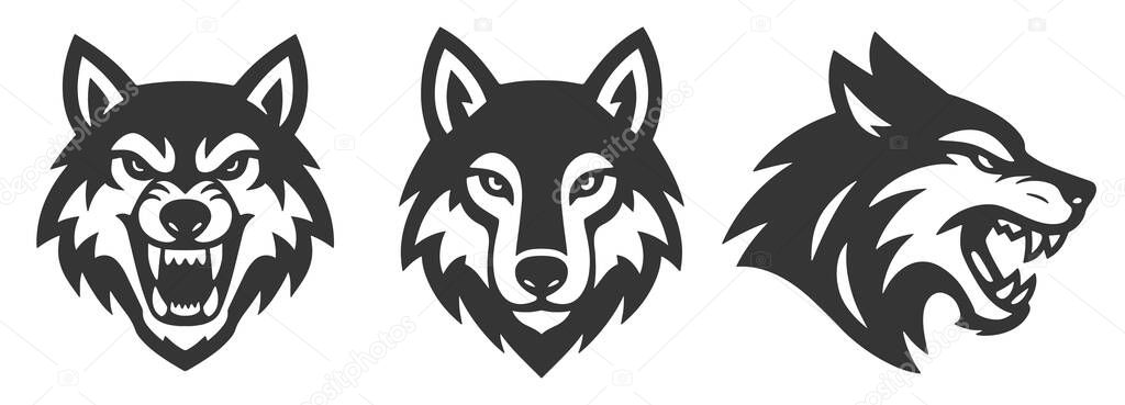 Wolf head logo icon symbol set. Angry, aggressive Wolf face silhouette. Vector illustration image. Isolated on white background.