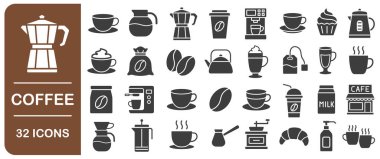 Kahve kültürü ikonu seti. Kahve içiyorum. Bira ve içecek yassı ikonlar. Bardak, kahve makinesi, fasulye, paketleme, öğütücü, kafe logosu. Vektör çizimi. Beyaz arkaplanda izole.