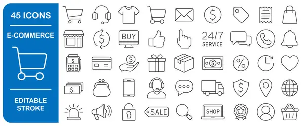 E-Ticaret düzenlenebilir çizgi simgesi seti. Çevrimiçi alışverişte ince çizgi simgeleri koleksiyonu. Web mağazası sembol paketi. Vektör çizimi. Beyaz arkaplanda izole.