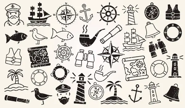 Denizci ve Denizci grunge pulu. Deniz Maceraları ve Denizcilik Keşif Damgası. Antik yelkenli gemi, Kaptan, Anchor, deniz feneri, dürbün, dümen, pusula. Vektör illüstrasyon simgeleri
