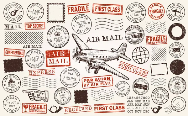 Grunge posta pulu seti. Eski posta pulu koleksiyonu. Retro grunge posta damgası. Antika grunge posta pulu. Posta Vektörü illüstrasyon resmi. Beyaz arkaplanda izole.