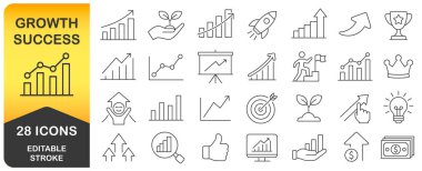 Büyüme ve başarı düzenlenebilir çizgi vektör ikonu seti. İş stratejisi başarısı ince doğrusal Simgeler koleksiyonunu hedefliyor. Büyüme eğrileri ve diyagramlar grafikleri. Vektör illüstrasyonu beyazda izole edildi.