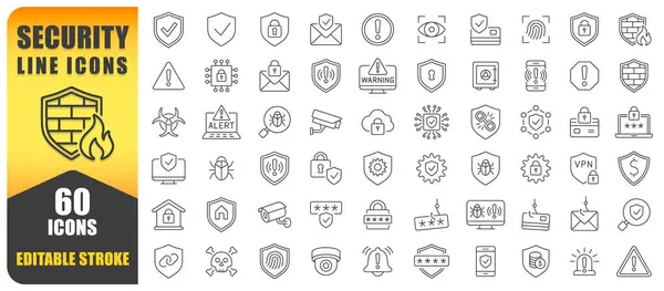 Security Line Icons Vector Set. A Collection Of 60 Thin Line Editable Stroke Icons Representing Safety, Privacy, Protection, Locks, Alerts, And Shields. Perfect For Security Systems, Cyber Protection.