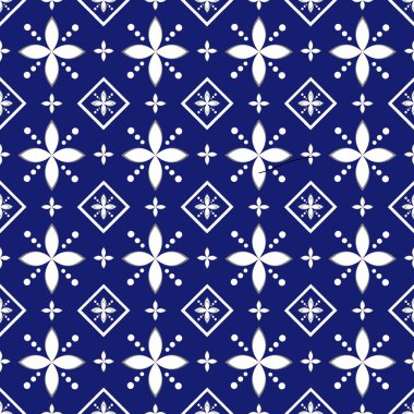 Soyut geometrik süslemeli kusursuz desen. Vektör çizimi. Mavi ve beyaz arkaplan.