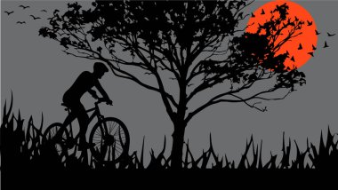 Bu, arkasında koyu kırmızı bir güneş batarken ağacın altında bisiklet süren bir kişinin güzel bir siluet görüntüsü. Karanlık siluetlerin sessiz bir arkaplan üzerinde kullanılması çarpıcı bir karşıtlık yaratır ve kompozisyona derinlik ekler.