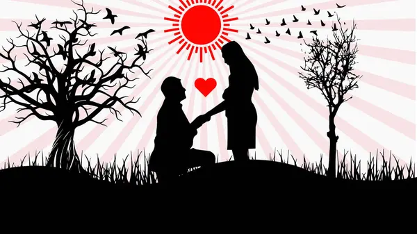 Diz çöküp kadının elini tutan adamın olduğu romantik bir siluet. Kırmızı bir kalp aralarında süzülüyor, kuşlarla çevrili ve kıraç ağaçlarla, parlak bir güneşin altında..