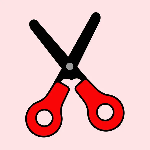 Modern, minimalist bir görünüm için yumuşak pastel arka plan üzerine kurulu koyu kırmızı saplı ve parlak siyah bıçaklı, stilize edilmiş bir makasın temiz ve canlı bir vektör çizimi.