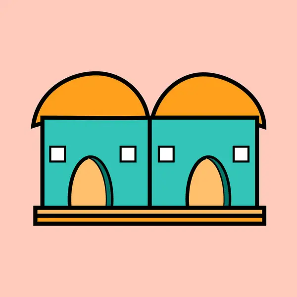 İkiz kubbelerin, kemerli kapıların ve dikdörtgen pencerelerin yer aldığı geleneksel bir evin canlı ve minimalist tasviri. Tasarım, mimari kavramlar ve kültürel temalar için ideal hale getirmek için kalın hatlar ve düz renk paleti kullanır..