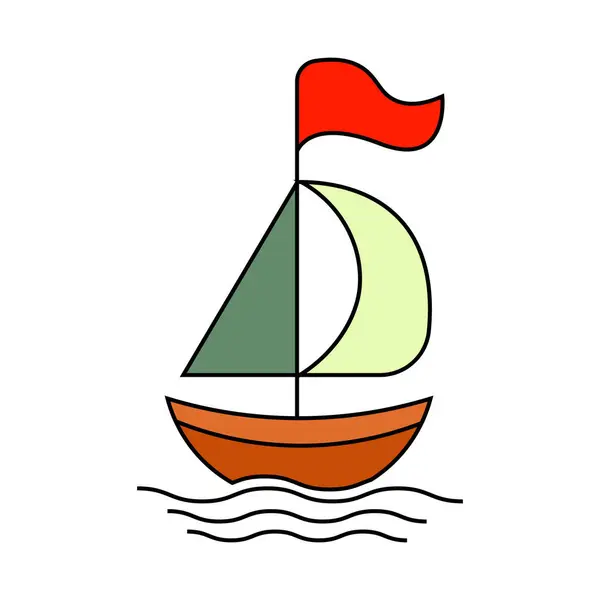 Basit ve renkli bir yelkenli vektör çizimi, üçgen yelkenli, cesur bir bayrak ve nazik dalgalar, deniz temalı tasarımlar için mükemmel..