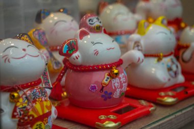 Maneki neko, bir mağaza rafında şans getirsin diye. 12 Aralık 2024 'te bir mantar dükkanında