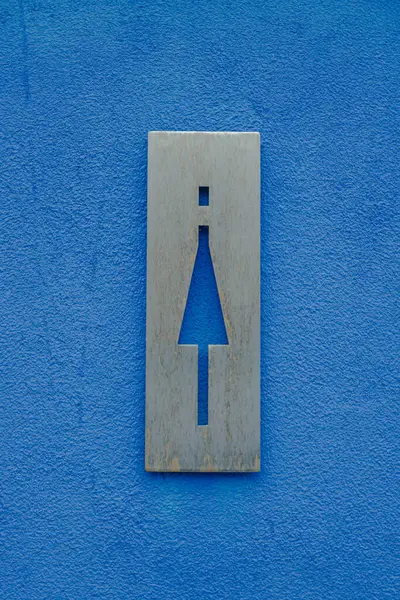 Mavi duvarda kadınlar tuvaletini gösteren metal bir tabela var.