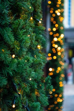 Ön planda ışıklandırma ve bulanık arkaplan ile Noel çelengi dalları