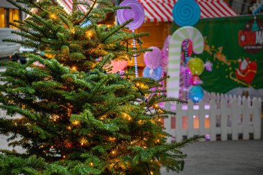 Parlayan ışıklarla parlayan Corkmas Ağacı Noel arkaplanına karşı