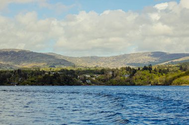 Ağaçların arkasına gizlenmiş kayalık kıyıları ve evleri olan bir İrlanda sahil gemisinden görüntü
