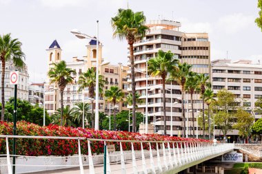 Çiçekli çalıları olan yaya köprüsü, arka planda çok katlı evler, sıcak bir ülkede şehir hayatı, Valencia