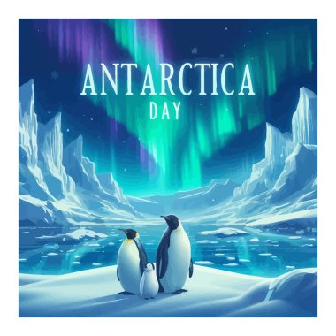 Antarctica day and penguins standing on icebergs clipart