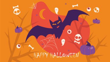 Cadılar Bayramı gecesi illüstrasyonunuz ya da parti davetiyesi geçmişiniz kutlu olsun. Hayalet, balkabağı, yarasa, kafatası, gözler, ağaç dalları ve diğer elementlerle turuncu, mavi ve menekşe renkleri.