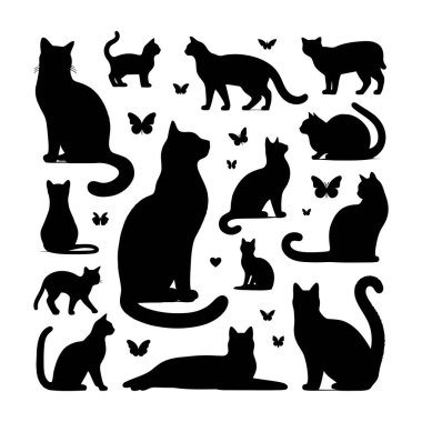 Çeşitli Pozisyonlarda Siyah Kedi Silüetleri