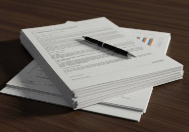 Belgeler ve kalem üzerinde ahşap masa, üstten görünüm