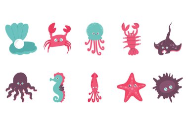 Red Turquoise Cute Marine Animals Illustration Set clipart