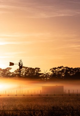 Windmill rising out of fog in a frosty sunrise clipart