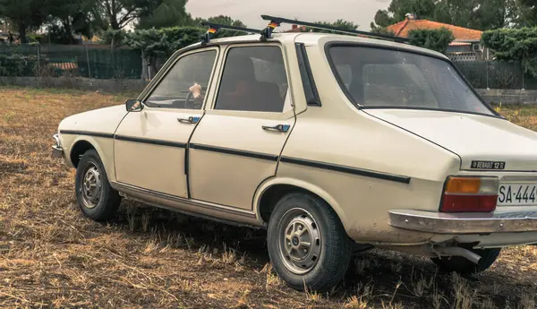 Klasik bir bej renkli Renault 12 arabası arka planda ağaçlar ve ev olan kuru ve çorak bir arazide park edilmiştir. Arabanın kendine özgü bir tasarımı ve üstünde bir çatı rafı var..