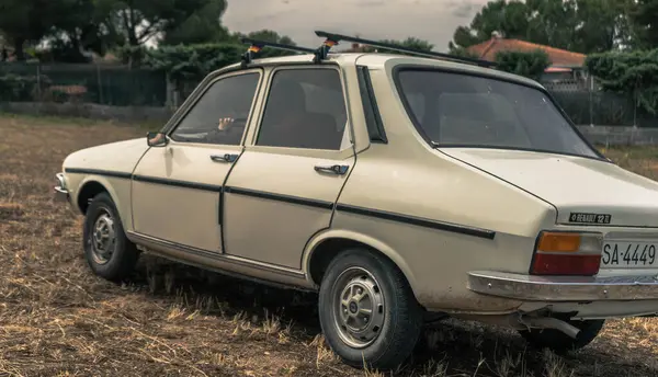 Görüntü, kuru bir alana park edilmiş klasik beyaz bir arabayı gösteriyor. Arabanın üstünde çatı rafı olan eski bir model var..