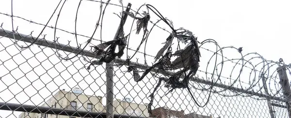 Görüntü, dikenli tellerle kaplı bir tel örgüyü betimliyor. Dikenli tel sarılmış ve bükülmüş. Çitlere tehditkar bir görünüm katıyor..