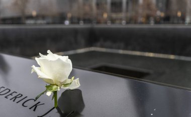 Anıt bir taşın üzerine yerleştirilmiş beyaz bir gül. Saygı ve hatırayı simgeliyor. Taş bir isim taşıyor ve arka plan da barışçıl ve yansıtıcı bir ortam olduğunu gösteriyor..