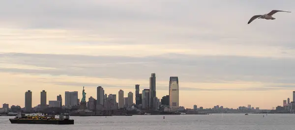 Üzerinde süzülen bir martı ve ön planda giden bir feribot olan sakin bir şehir manzarası. Ufuk çizgisinde ikonik gökdelenler ve Özgürlük Heykeli yer alıyor..