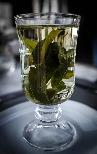 Suyun içinde yeşil çay yaprakları tutan, koyu bir yüzey üzerinde oturan temiz bir bardak..