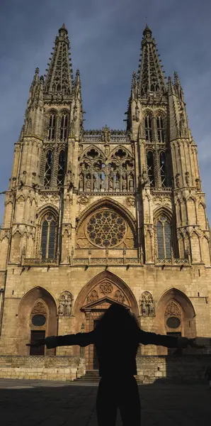 Şaşırtıcı bir gotik katedralin önünde, mimarinin ihtişamını vurgulayan bir kişi siluet içinde duruyor. Görüntü, binanın karmaşık detaylarıyla huzurlu bir anı yakalıyor..
