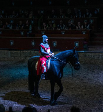 Kırmızı ve gümüş zırhlı bir şövalye loş bir arenada siyah bir ata biniyor ve seyirciler tribünden izliyor. Sahne nostalji ve şövalyelik hissi uyandırıyor..