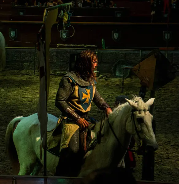 Zırhlı bir şövalye, karanlık bir arenada beyaz bir atın üzerinde savaşa hazır bir şekilde oturur. Sahne ortaçağ tarzında ayarlanmış. Tarihi ya da tiyatral bir tasviri işaret ediyor..