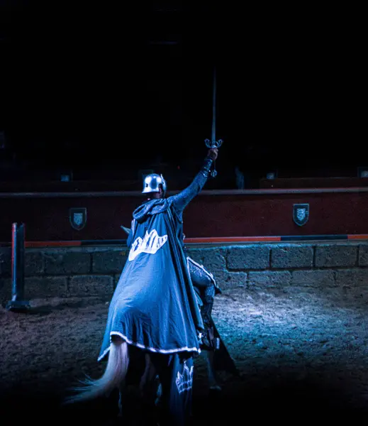 At sırtında bir şövalye karanlık bir arenada kılıcını havada tutuyor. Sahne karanlığa bürünmüş, o anın gizemini ve şiddetini arttırıyor..