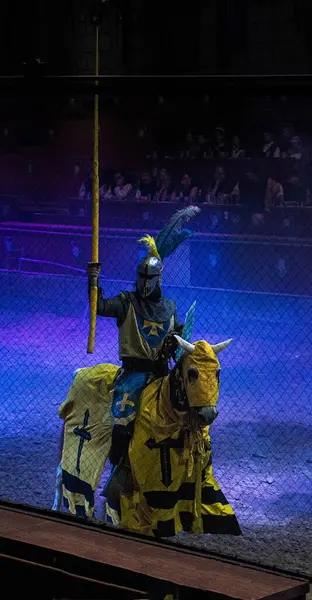 Zırhlı bir ortaçağ şövalyesi mızraklı bir arenada ata biner ve savaşa hazırdır. Sahne mavi ve mor ışıklarla aydınlatılıyor..