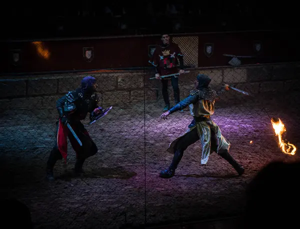 Karanlık bir arenada kılıçları loş ışıkta yanıp sönen iki ortaçağ şövalyesi çarpışır. Üçüncü bir figür arka plandan izler, yoğun sahneye bir gizem havası ekler.