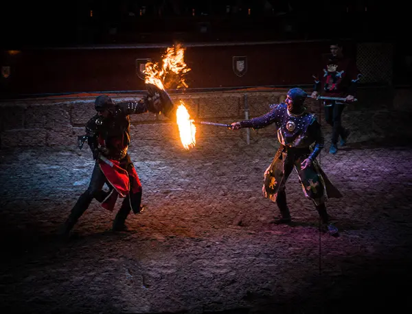 İki zırhlı savaşçı loş bir arenada çarpışıyor. Kılıçları çarpıcı bir ortaçağ çarpışması sırasında alev alıyor. Sahne yoğunluk ve güç yayar..