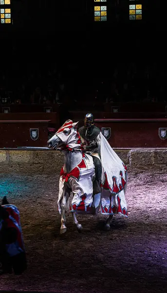 Zırhlı bir şövalye, bir ortaçağ mızrak dövüşü turnuvasındaki sahneyi sergiliyor. Şövalye ve at kırmızı ve beyaz renklerle süslenmiştir..