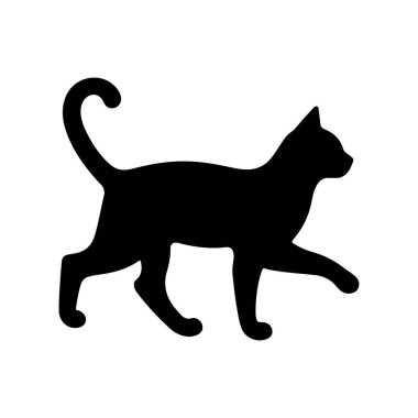 Beyaz arkaplanda izole edilmiş kedi vektör simgesi, logo ve grafik tasarımı minimalist bir siluet görüntüsü.