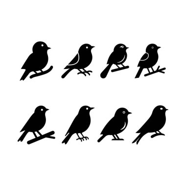 Beyaz arkaplanda kuş silueti, vektör simgesi, logo, işaret ve sembol kümesi.