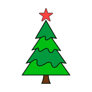 Beyaz arka planda izole edilmiş en tepede tanınmış bir yıldızı olan Noel ağacı vektör sanatı.