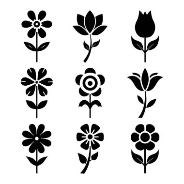 Bir demet çiçek silueti ikonu. Doğa temalı tasarımlar, davetiyeler ve dekorasyonlar için minimalist çiçek bitkileri vektör koleksiyonu.