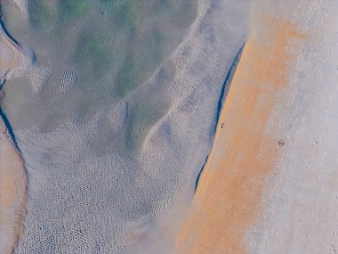 Fırtınadan kalan kum oluşumlarının hava aracı görüntüsü. Renklerin verimliliği harika bir arkaplan oluşturuyor. Wrightsville, Beach, NC 'den 90 metreden çekilmiş.