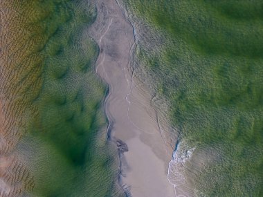 Fırtınadan kalan kum oluşumlarının hava aracı görüntüsü. Renklerin verimliliği harika bir arkaplan oluşturuyor. Wrightsville, Beach, NC 'den 90 metreden çekilmiş.