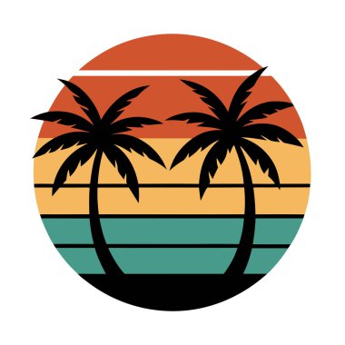 Retro Vintage Arka plan Vektör Sanat İllüstrasyonu Tişört Tasarım Sanatında 2 Plam Ağaç Günbatımı Silueti